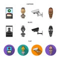 A diamond, a vase on a stand, a surveillance camera, an African mask. Museum set collection icons in cartoon,black,flat Royalty Free Stock Photo