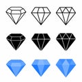 Diamond vector icons. Black, linear and color style. Abstract jewelry gemstones isolated on white. Blue crystals. Jewelry logo des