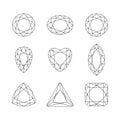 Diamonds, gemstones faceting vector patterns on a white background.