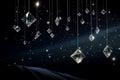 Diamonds hanging strings on celestial dark background. Generate ai Royalty Free Stock Photo