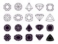 Diamonds icons. Geometric jewelry symbols, shapes luxury brilliants. Isolated line and silhouette gemstone vector set Royalty Free Stock Photo