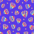 Diamonds with rainbow gradient. Bright Surface Design. Modern abstract seamless pattern. Vector shapes isolated on blue