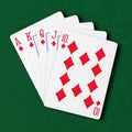 Diamonds royal flush flat on green card table winning hand business concept