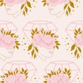 Diamonds, woman face and pink flowers in a seamless pattern design