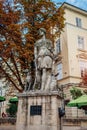 Diana fountain and outdoor cafe at Market square in Lviv on Town Hall background