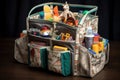 diaper bag with compartments, open to show supplies