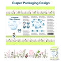 Diaper packaging design elements in doodle forest style. Nappy pakaging design for size 5, with floral border, diaper