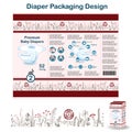 Diaper packaging design elements in doodle forest style. Nappy pakaging design for size 2, with floral border and hare.