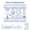 Diaper packaging design elements in doodle forest style. Nappy pakaging design for size 1, with floral border and owl.