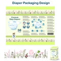 Diaper packaging design elements in doodle forest style. Nappy pakaging design for size 1, with floral border and owl.