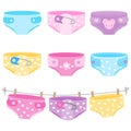 Baby girl and baby boy nappy collection. Cute baby cloth diapers in blue, yellow, purple and pink colors. Vector collection Royalty Free Stock Photo