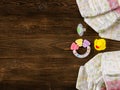 Diapers, teether, dummy and rubber duckling on wooden background Royalty Free Stock Photo