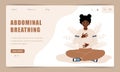 Diaphragmatic breathing. Landing page template. African girl practicing abdominal breathing for relaxation. Meditation