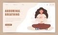 Diaphragmatic breathing. Landing page template. Girl practicing abdominal breathing for good relaxation. Meditation for