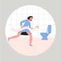 Diarrhea concept. Young woman with toilet paper runs to the toilet. Stomach infection, food poisoning or different