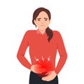 Diarrhea or constipation, problems with health concept. Young sad Woman standing feeling pain in stomach touching it with hands