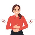 Diarrhea or constipation, problems with health concept. Young sad Woman standing feeling pain in stomach touching it with hands