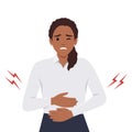 Diarrhea or constipation, problems with health concept. Young sad Woman standing feeling pain in stomach touching it with hands