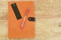 Diary book and pen on wooden table Royalty Free Stock Photo