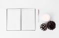 Diary christmas composition. stylish arrangement of cones and candle on white background. flat lay top view.