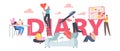 Diary Concept. Tiny Female Characters at Huge Notebook Writing Notes, Planning Deals, Fill To Do List, Put Stickers