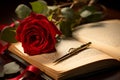 Diary elegance red rose beautifully accents an open diary page Royalty Free Stock Photo