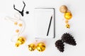 Diary notebook christmas composition. cones and christmas decorations on white background. flat lay top view.