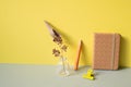 Diary notebook, colored pencil, clip, vase of dry flower on gray desk. yellow wall background. workspace Royalty Free Stock Photo