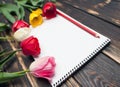 Diary or notebook with spring flowers on wooden background. close up Royalty Free Stock Photo