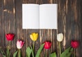 Diary or notebook with spring flowers on wooden background. close up Royalty Free Stock Photo