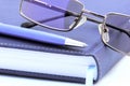 Diary, pen and reading glasses over white Royalty Free Stock Photo