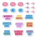 Diary stickers. Check and with list, goals and arrows, yes and no labels. Cute pink marks for memo and motivation. Girls