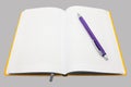 Diary in yellow cover with a purple ballpoint pen in the middle on a gray background Royalty Free Stock Photo