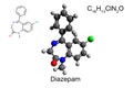 Chemical formula, skeletal formula, and 3D ball-and-stick model of medication diazepam, white background