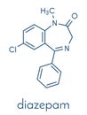 Diazepam sedative and hypnotic drug benzodiazepine class molecule. Skeletal formula.