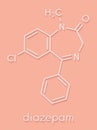 Diazepam sedative and hypnotic drug benzodiazepine class molecule. Skeletal formula.