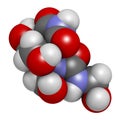 Diazolidinyl urea antimicrobial preservative molecule (formaldehyde releaser). 3D rendering. Atoms are represented as spheres with