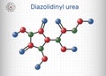 Diazolidinyl urea molecule. It is antimicrobial preservative. Is used in many cosmetics. Sheet of paper in a cage