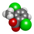 Dicamba herbicide molecule. 3D rendering. Used in weed control. Atoms are represented as spheres with conventional color coding: