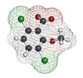 Dicamba herbicide molecule. Used in weed control. Atoms are represented as spheres with conventional color coding: hydrogen (white