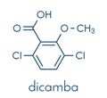 Dicamba herbicide molecule. Used in weed control. Skeletal formula.