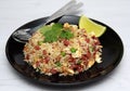 Dice Bacon Fried rice in black dish Royalty Free Stock Photo