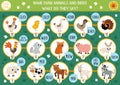 Dice board game for children with farm animals, birds and their sounds. Countryside boardgame. Rural country activity or