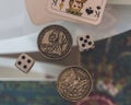 Dice, coins and playing cards. Royalty Free Stock Photo
