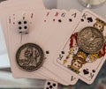 Dice, coins and playing cards. Royalty Free Stock Photo