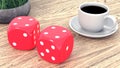 Dice and a cup of coffee on a wooden table. 3d render Royalty Free Stock Photo