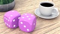 Dice and a cup of coffee on a wooden table. 3d render Royalty Free Stock Photo