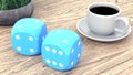 Dice and a cup of coffee on a wooden table. 3d render Royalty Free Stock Photo