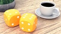 Dice and a cup of coffee on a wooden table. 3d render Royalty Free Stock Photo