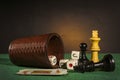 Dice Cup with Deck Cards and Chess Pieces Royalty Free Stock Photo